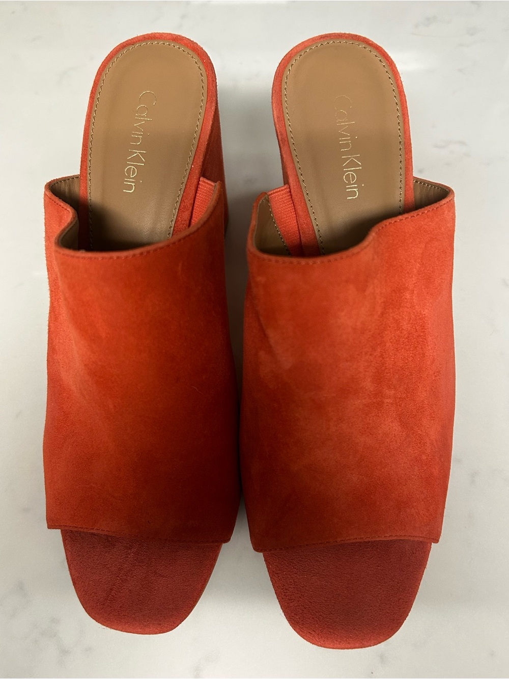 Calvin Klein Cicelle Suede Block Heel Mule Sandals Coral Orange Women’s Size 8.5